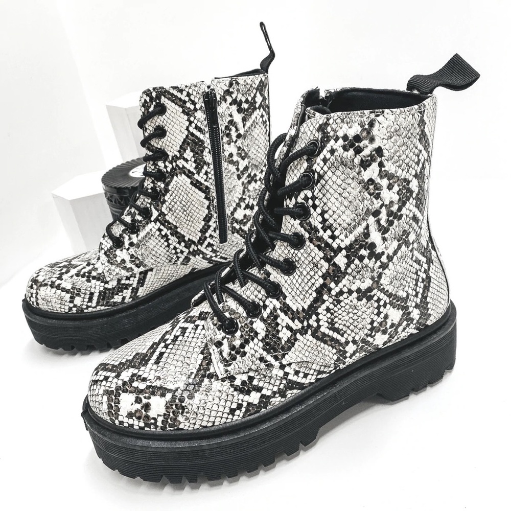 Ivory Snake Print Lace Up Combat Boots